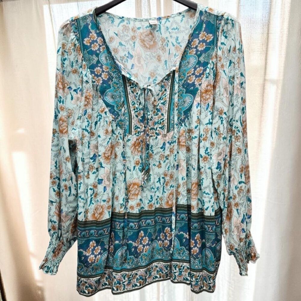 Brown Coco Peasant Top Womens 1XL Green Blue Tan Front Ties Smocked Cuffs Boho